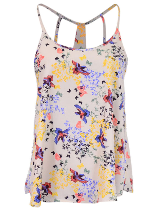 Joyce Clothing Bird Printed Relaxed Spaghetti Strapped Off White Flowy Top - ALILANG.COM