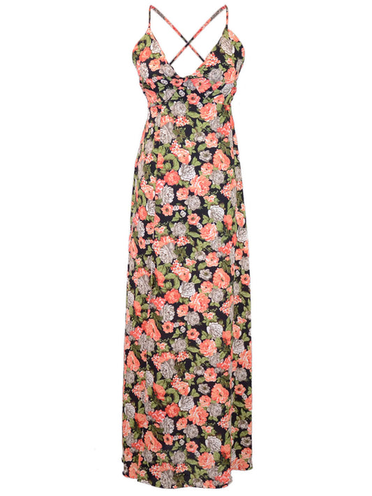 Moon Collection Slitted Multicolor Floral Print Maxi Dress With Low V Neckline - ALILANG.COM