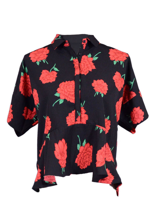 Joyce Red Flower Printed High Low Collared Short Sleeve Top With Ruffled Trim - ALILANG.COM