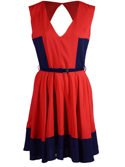 Double Zero Diamond Cutout Back A Line Skirt Two Tone Belted Sleeveless Dress - ALILANG.COM