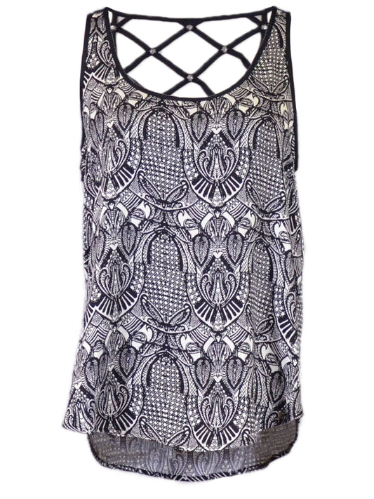 Gentle Fawn Brand Glass Tribal Print Inspired Cage Back Studded Tank Top - ALILANG.COM