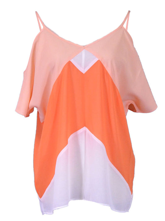 Gentle Fawn Brand Waterfall Tangerine Tone Color Block Open Shoulder Top Blouse - ALILANG.COM