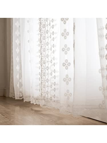 Dodolly 2 Sheer Panels White Flower Curtains Grommets Top, White Lace Curtains for Living Room Bedroom Sliding Glass Patio Each Panel, 59 x 94.5 inch Long