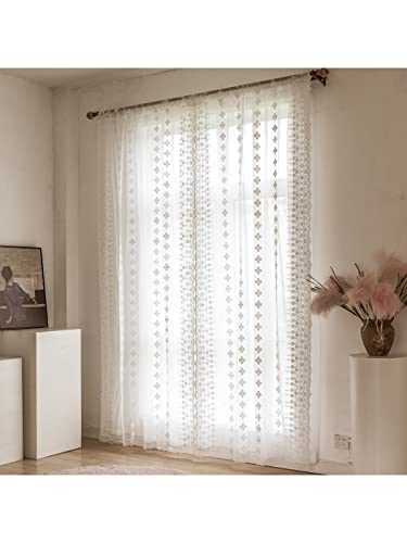 Dodolly 2 Sheer Panels White Flower Curtains Grommets Top, White Lace Curtains for Living Room Bedroom Sliding Glass Patio Each Panel, 59 x 94.5 inch Long