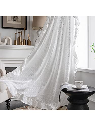 Dodolly Bohemian Cotton Linen Window Curtain Panel with Embroidery and Ruffle Lace Design Cotton Linen Room Curtain Panel for Bedroom Living Room, Hooks Design, 2 Panels.