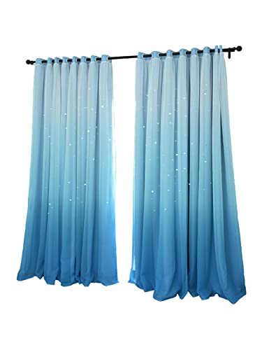 Dodolly Blackout Curtains, Double Layers Hollow Out Stars Window Curtains Gradient Curtains, 2 in 1 Fabric and Gauze Window Curtains Panel, Set of 2, W42xL63 Inch (Blue, 42Wx63L)