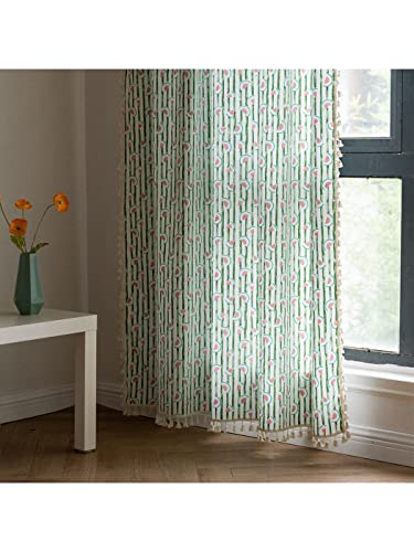 Dodolly Curtains with Tassels, Cotton Linen Grommets Design Window Curtains for Bedroom Living Room, Green Semi Blackout Boho Chic Curtains, 2 Panel, 59" W x 63" L