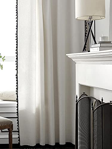 Boho Cotton Linen Tassel Window Curtains, Set of 2 Farmhouse Cream Curtain Panels, Grommet Window Semi Blackout Country Style Window Treatment for Living Dining Room,59"W x 94.5"L