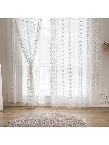 Dodolly 2 Sheer Panels White Flower Curtains Grommets Top, White Lace Curtains for Living Room Bedroom Sliding Glass Patio Each Panel, 59 x 94.5 inch Long