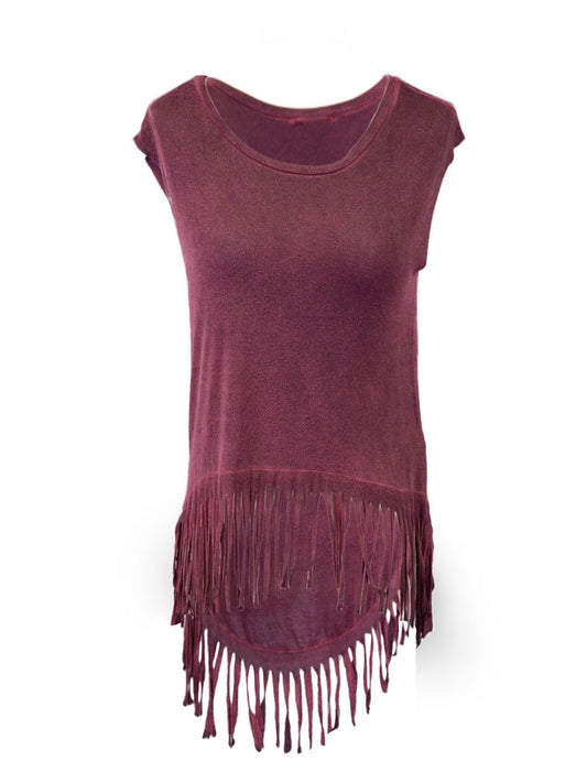 Anna-Kaci Scoop Neck Sleeveless Bottom Fringe Hi-Lo Fashion Top - ALILANG.COM