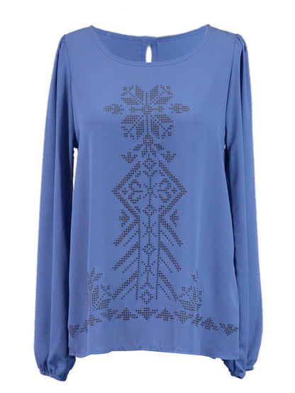 Everly Lovely Sophisticated Long Sleeve Floral Pixel Design Blouse Top - ALILANG.COM