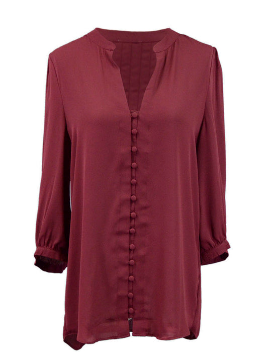 Everly Feminine Contemporary Long Sleeve V-Neck Button Detail Blouse Top - ALILANG.COM