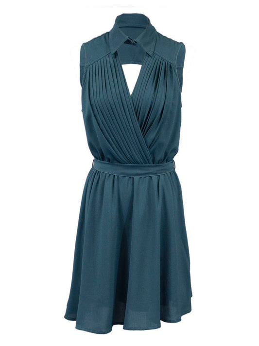 Anna-Kaci Sophisticated Sleeveless Collar V-Neck Pleated Chest Chiffon Tie Dress - ALILANG.COM