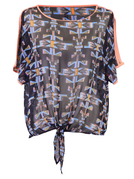 Millibon Aztec Tribal Inspired Print Short Sleeves Tie Waist Sheer Blouse Top - ALILANG.COM