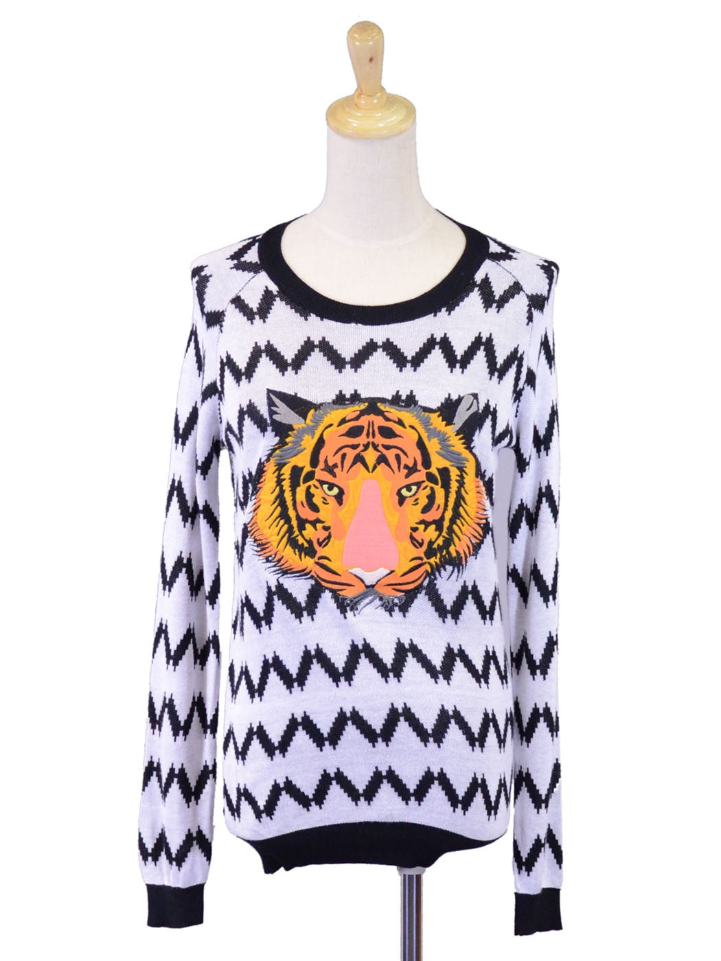 Oxford Circus Ferocious Tiger Face Embroidery Patch Pullover Long Sleeve Sweater - ALILANG.COM