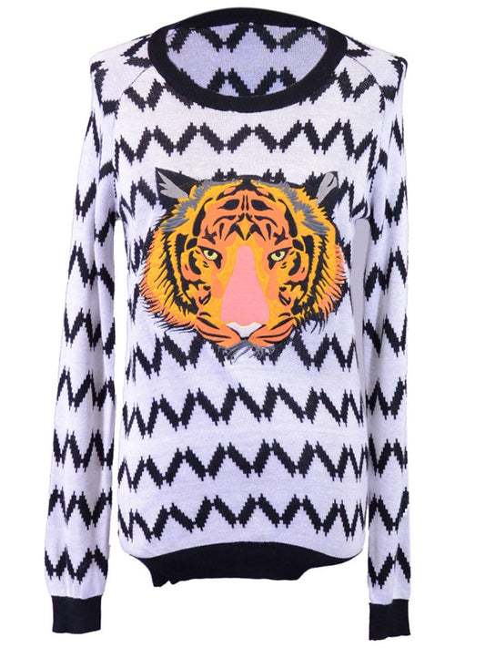 Oxford Circus Ferocious Tiger Face Embroidery Patch Pullover Long Sleeve Sweater - ALILANG.COM