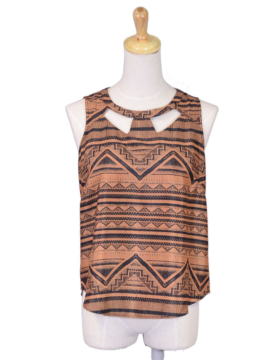 Lush Tribal Print Cutout Neckline Woven Sleeveless Blouse Tank Top - ALILANG.COM