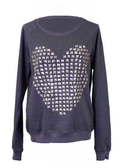 En Creme Studded Heart Shape Pullover Long Sleeves Sweatshirts Sweater - ALILANG.COM