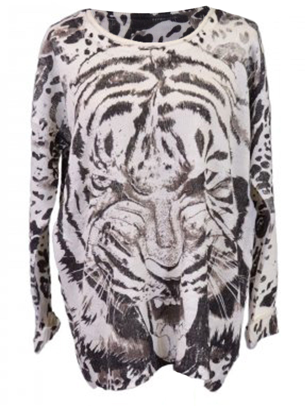 Anna-Kaci Ferocious Wild Tiger Face Print Long Sleeves Knit Pullover Sweater Top