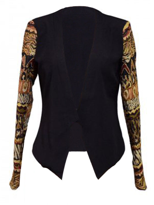Anna-Kaci Structured Padded Shoulder Printed Ethnic Jacquard Long Sleeve Blazer