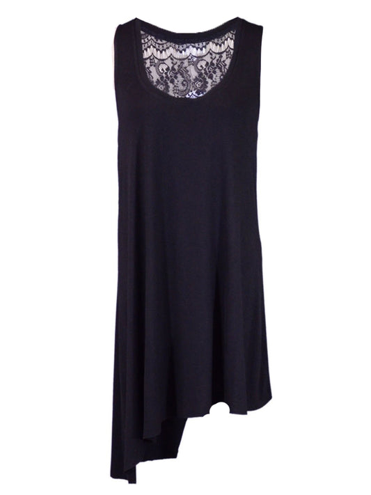 En Creme Jersey Knit Asymmetrical Lace Back Scoop Neck Sleeveless Tank Dress