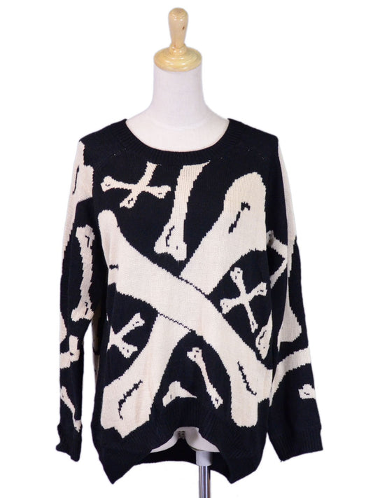 Anna-Kaci Comfortable Bold Criss Cross Bones Print Pullover Sweater