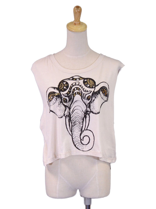 Audrey 3+1 Fun Casual Animal Elephant Print Sleeveless Cropped Knit Top