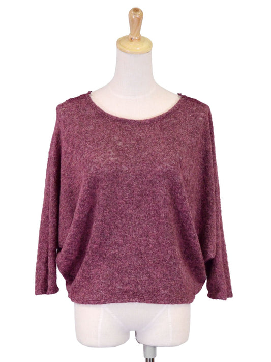 Anna-Kaci Comfortable Crochet Back Raglan Sleeves Heathery Brushed Sweater Top