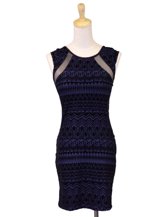 Anna-Kaci Evening Party Mesh Aztec Velvet Print Criss Cross Back Bodycon Dress