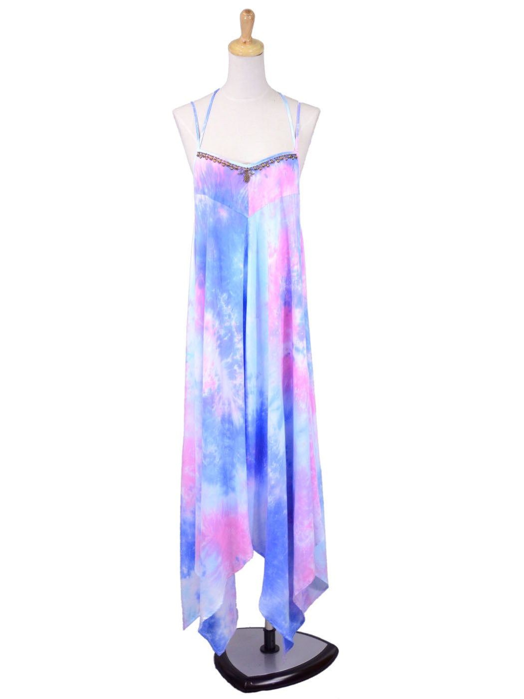 En Creme  Whimsical Asymmetrical Hem Tie Dye Beaded Neckline Woven Halter Dress