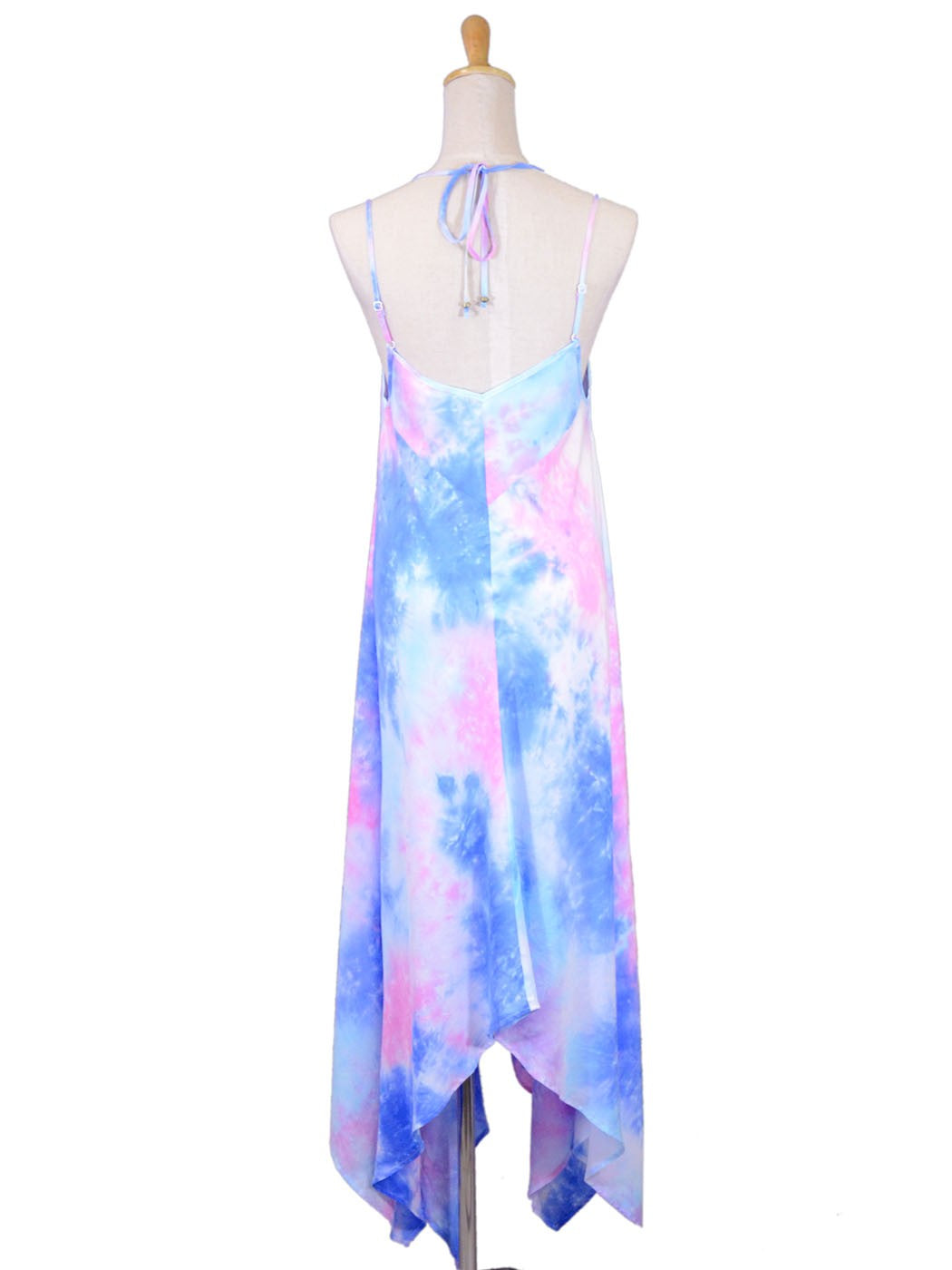 En Creme  Whimsical Asymmetrical Hem Tie Dye Beaded Neckline Woven Halter Dress