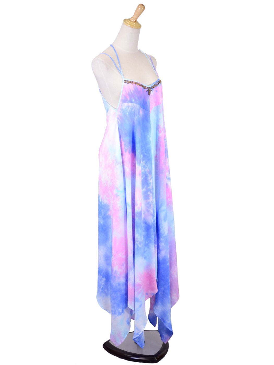 En Creme  Whimsical Asymmetrical Hem Tie Dye Beaded Neckline Woven Halter Dress