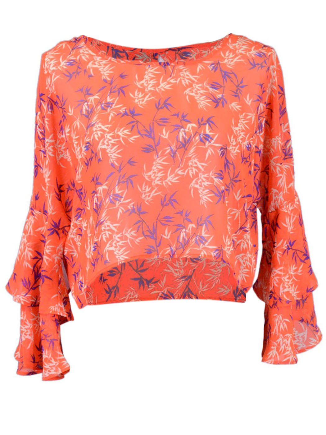 Anna-Kaci Asian Inspired Bamboo Print Cropped Layered Bell Sleeves Woven Blouse