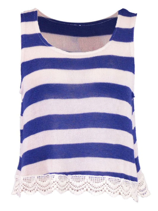 Paper Crane Cute Horizontal Striped Scalloped Crochet Hem Knit Tank Top