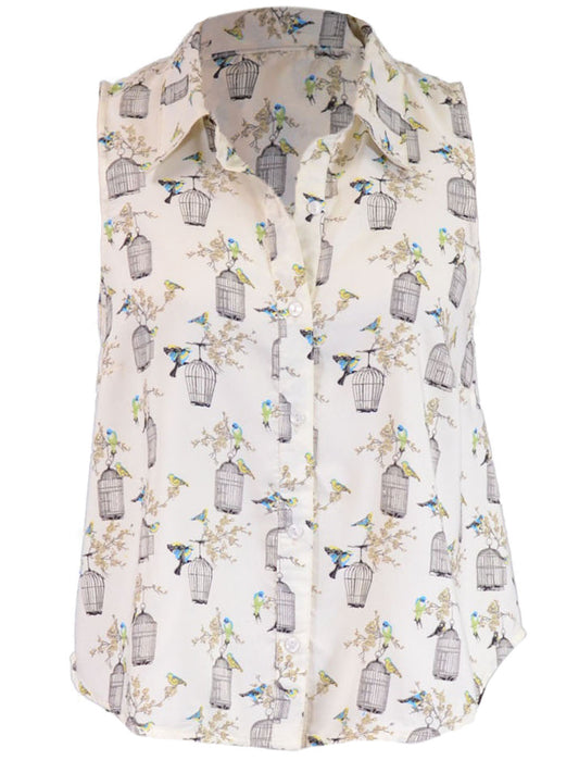 En Creme Sweet Vintage Inspired Bird Cage Print Button Down Lattice Back Blouse