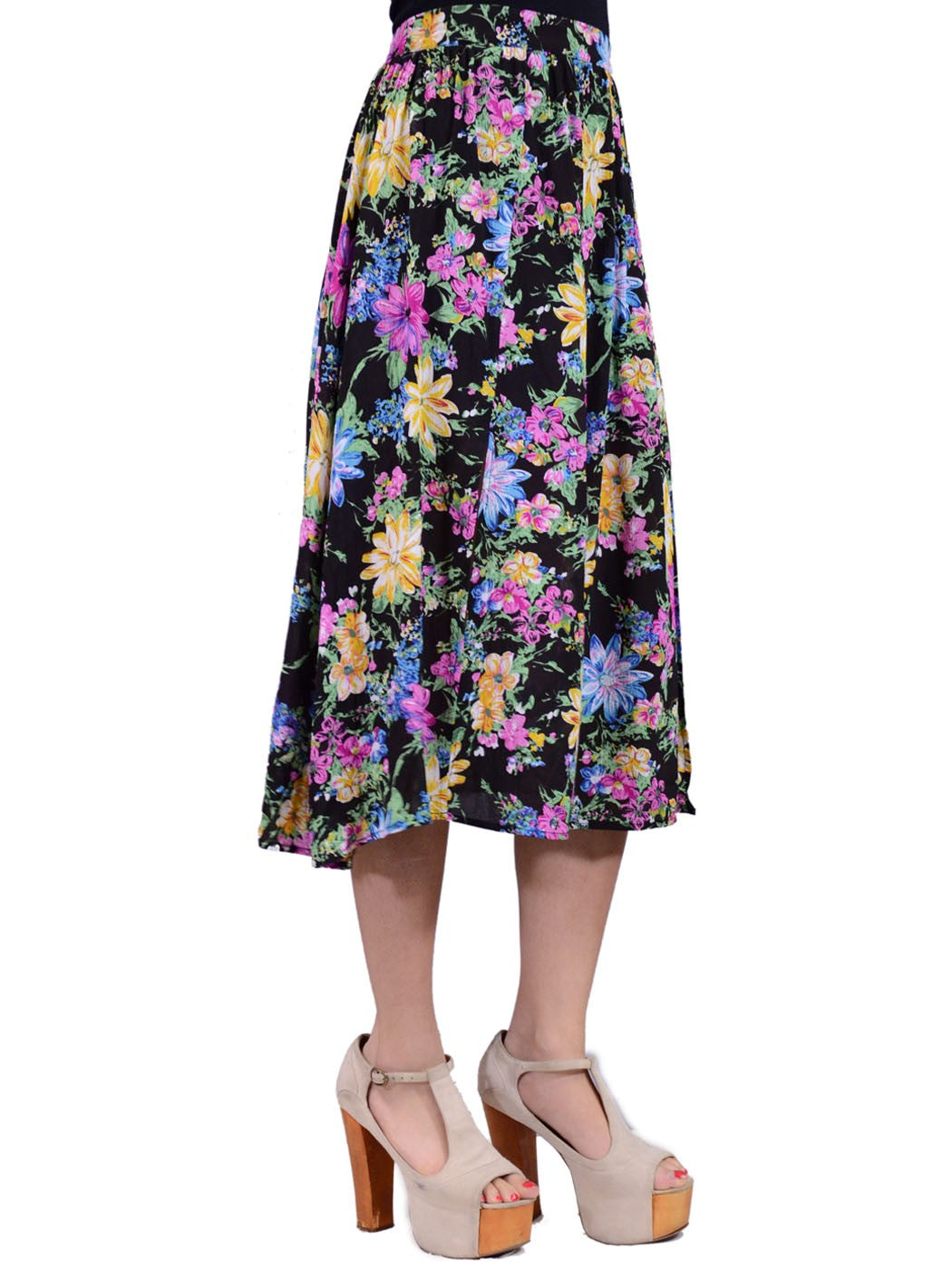 Lush Paradise Bold Floral Crinkle Woven Mid Length Double Slit High Waist Skirt