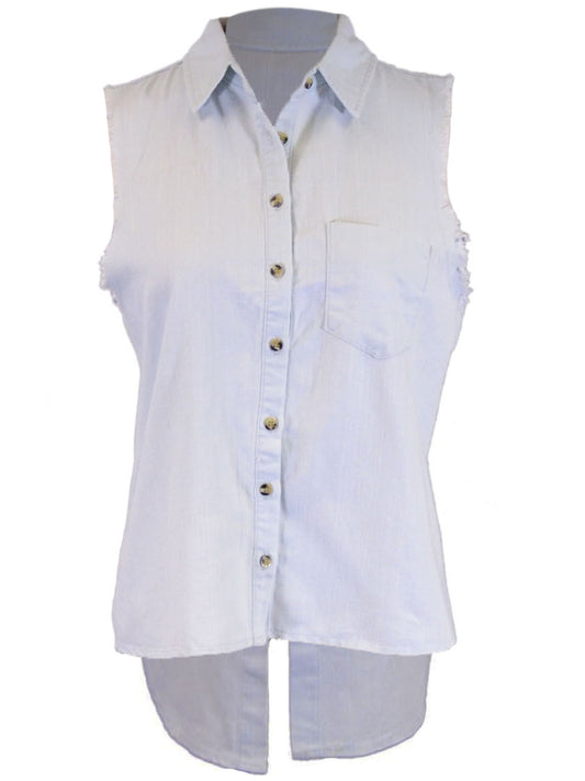 Oxford Circus Denim Collar Destroyed Sleeves Button Down Tailed Back Shirt Tank
