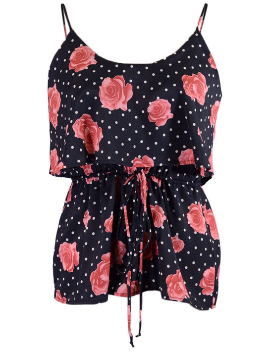 Audrey 3+1 Adored All Over Red Rose Polka dot Print Drawstring Dual Layer Top