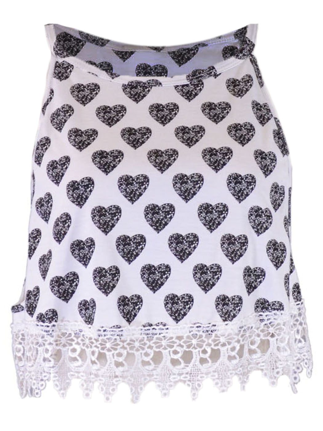 En Creme Black & White Heart Printed Crochet Hem Cropped Tank Top