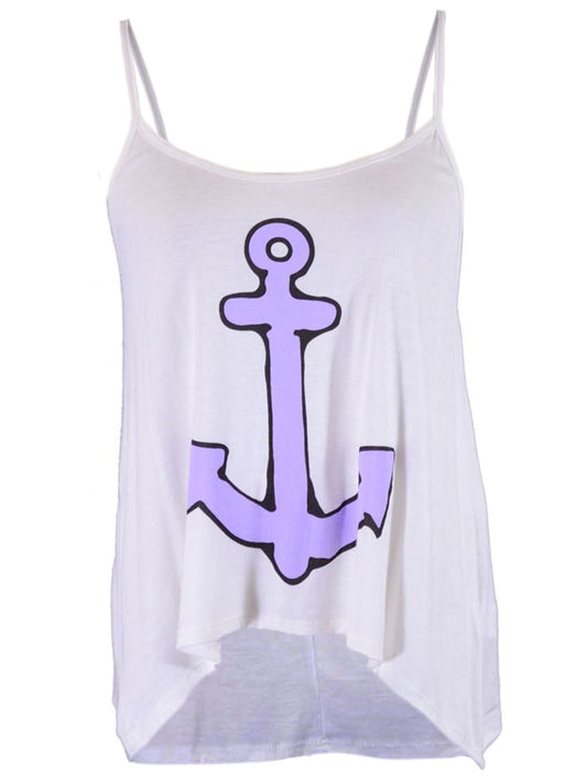 En Creme All Aboard Nautical Anchor Printed Lattice Back Knit Spaghetti Top