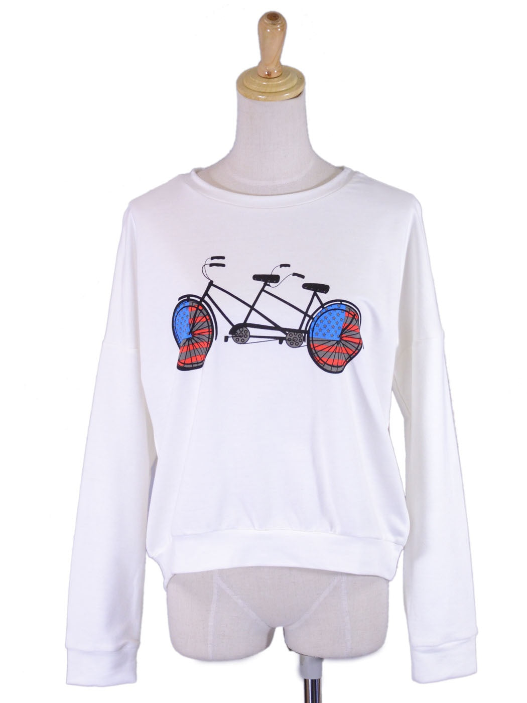 En Creme Casual Leisure Patriotic Tandem Bicycle Print Pullover  Sweater