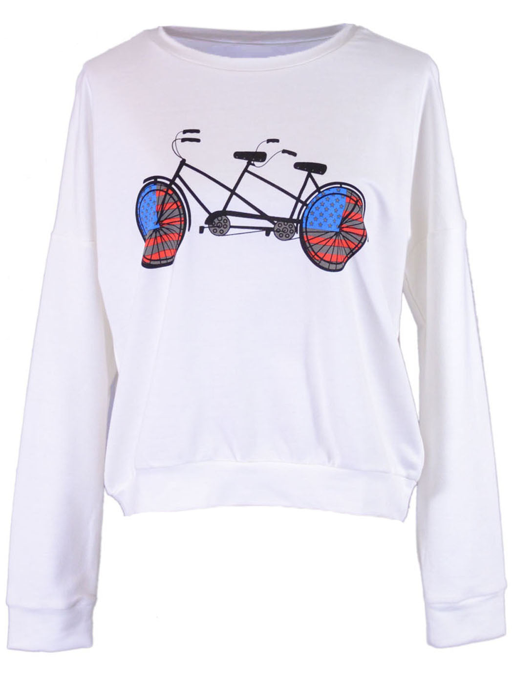 En Creme Casual Leisure Patriotic Tandem Bicycle Print Pullover  Sweater