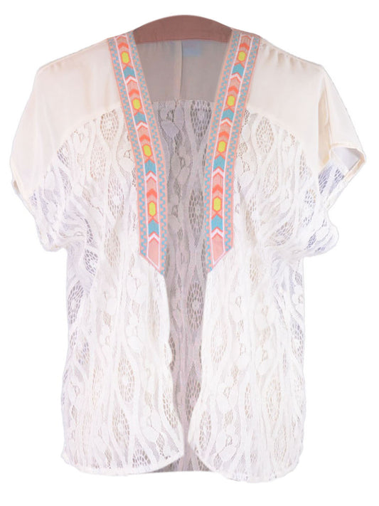 Flying Tomato Sweet Contrast Lace Shoulder Yoke Short Kimono Cardigan