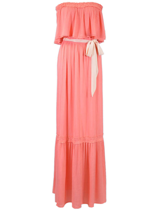 Flying Tomato Sweet Bohemian Ruffle Layer  Tie Waist Tube Top Maxi Dress