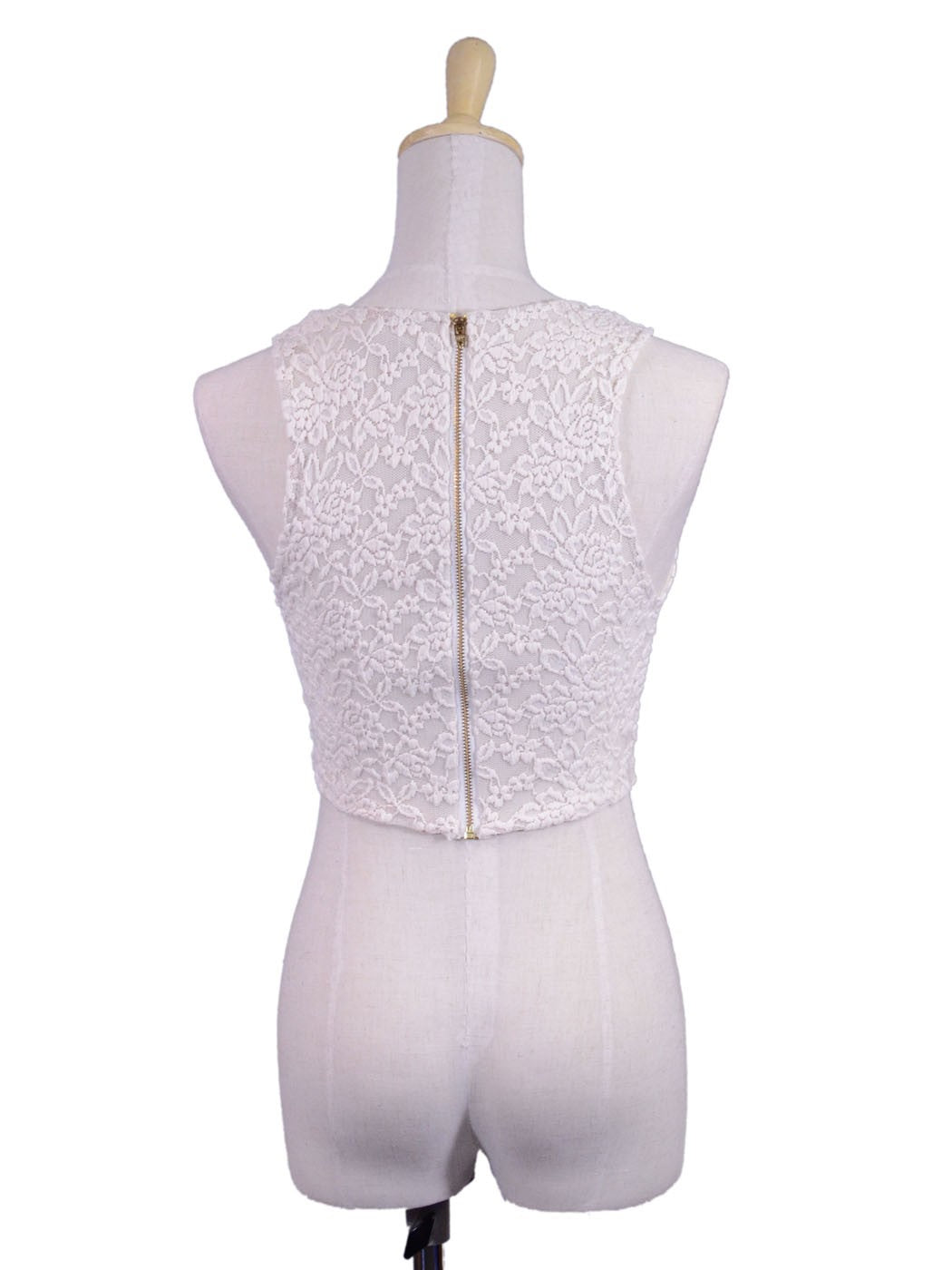 Audrey 3+1 Lady Chic Lace Floral Sleeveless Exposed Zipper Cropped Top