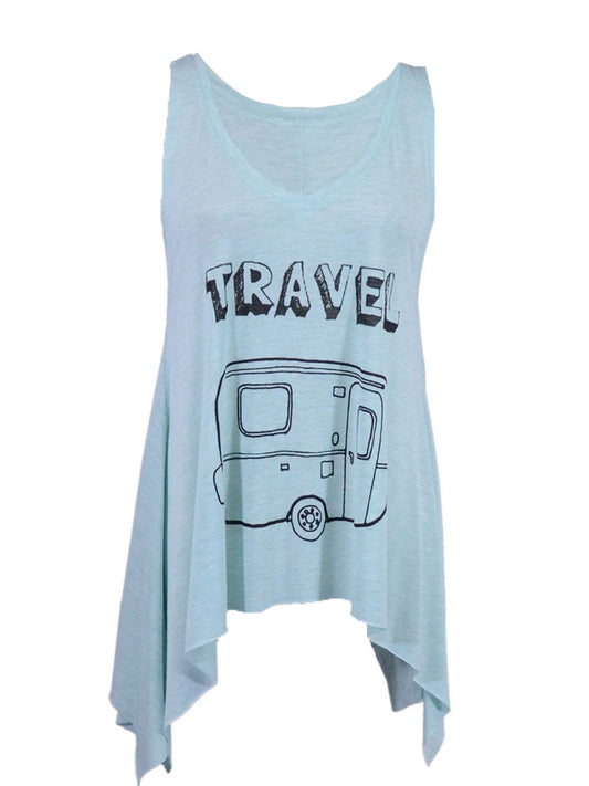 En Creme Travel Bug Printed Car Asymmetrical Hem V-Neck Knit Tank Top