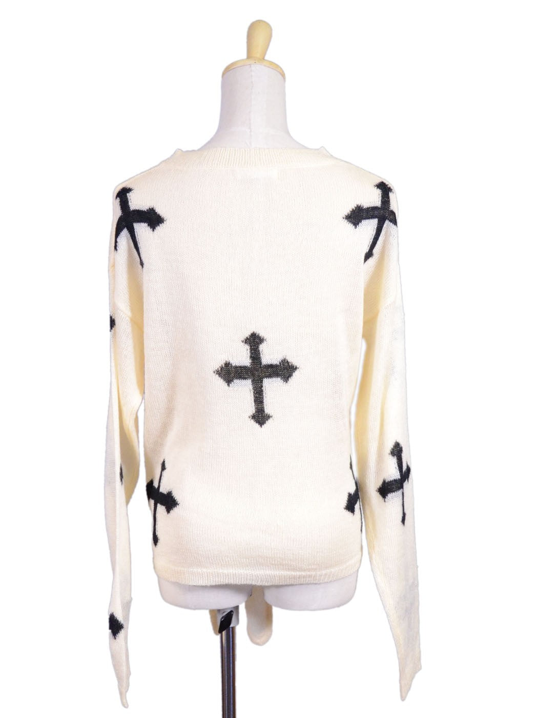 TCEC Gothic Casual Long Sleeves Cross Prints Knit Tie Waist Pullover Sweater