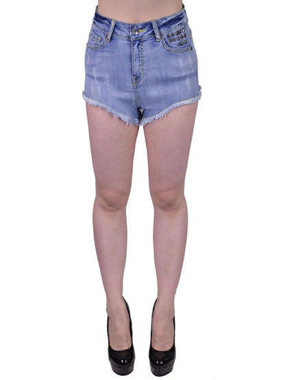 MonoB Rocker Chic Studded 5-Pockets High Waist Destroyed Denim Shorts