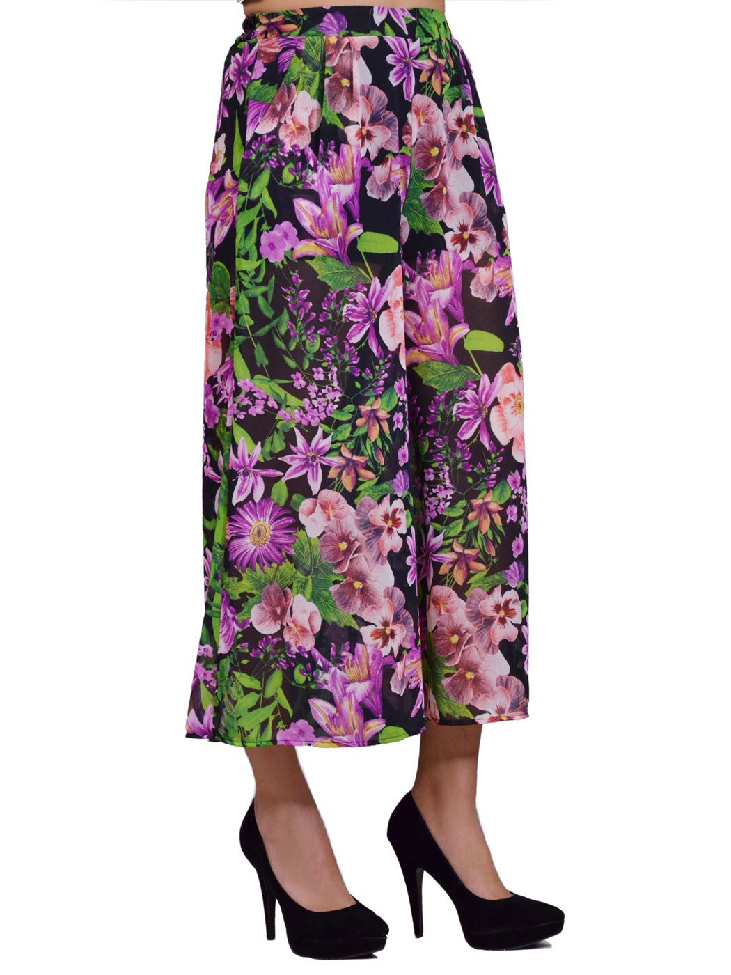 Lush Tropical Fun Floral Prints Culotte Knee Breeches Sheer Woven Pants