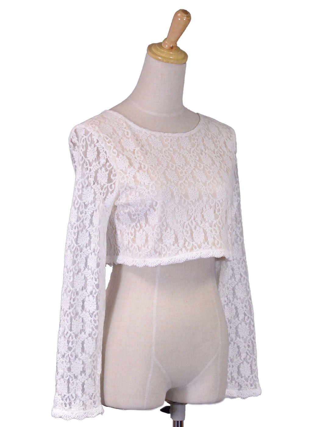 Uniq Lovely Floral Lace Long Sleeve Zipper Back Crochet Hem Cropped Top